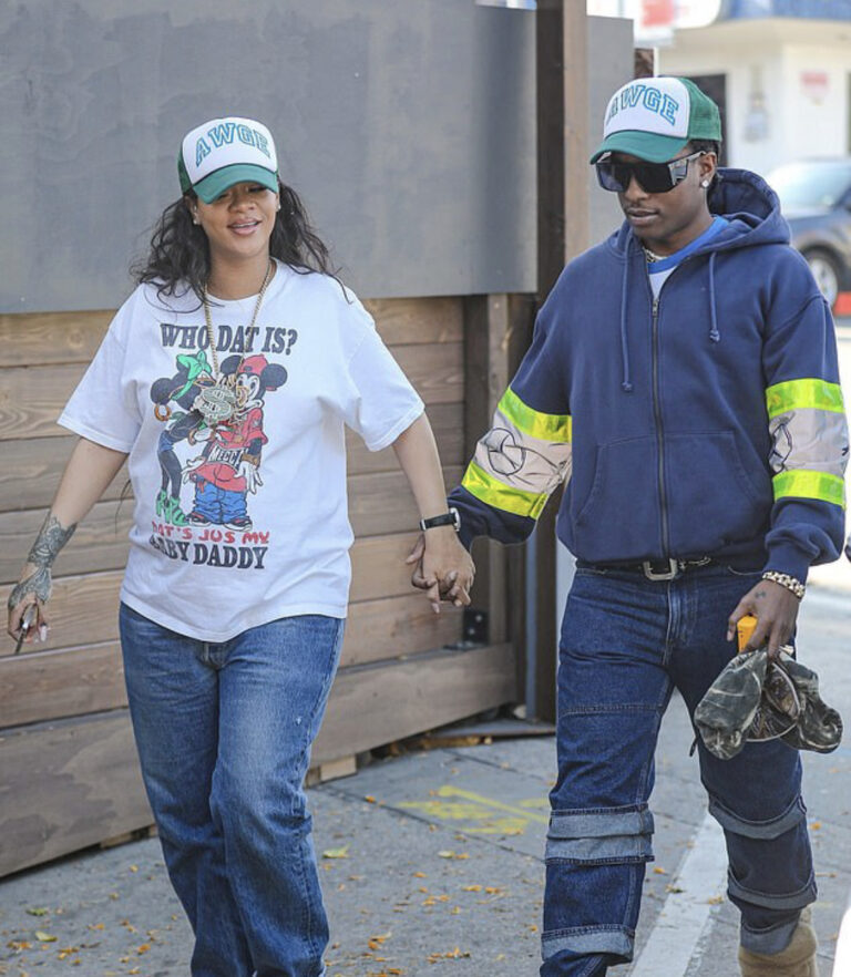 Pregnant Rihanna and boyfriend A$AP Rocky don matching baseball caps
