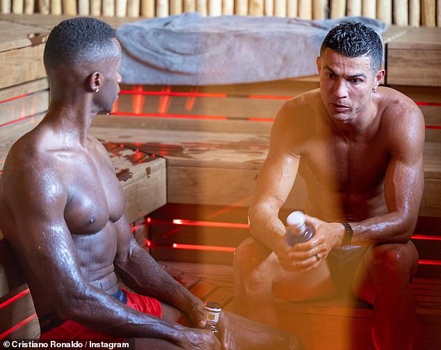 Cristiano Ronaldo offers his teammate and friend Jose Semedo some words of advice as they relax in a sauna… after his £1.7million Bugatti Veyron was crashed