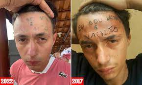 A man who has the tattoo “I’m a thief and an idiot” on his forehead is detained for theft