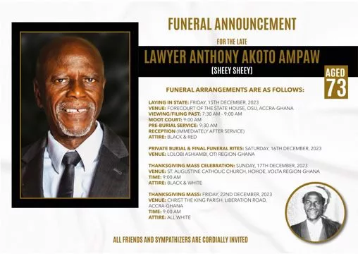 Akoto Ampaw’s Funeral To Be Held On December 15 At State House
